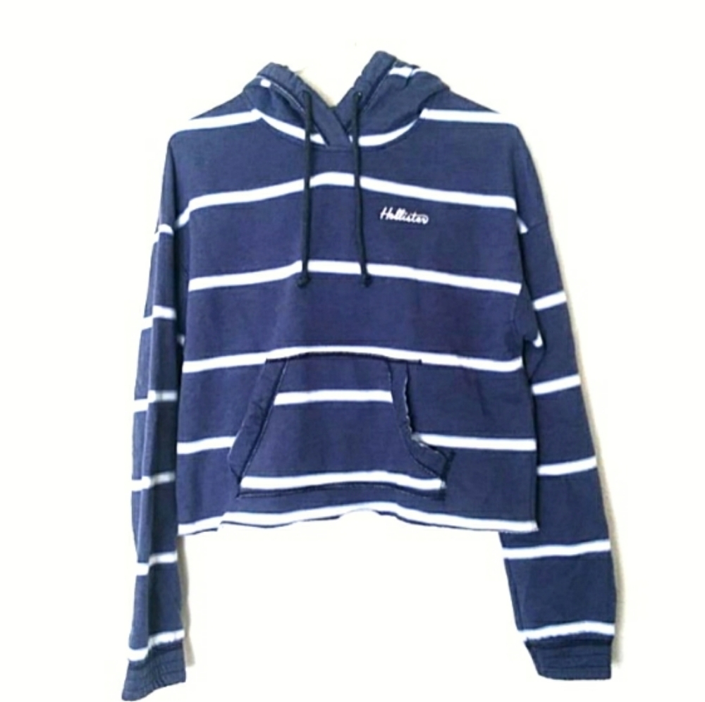 Hollister blue And white Cropped striped hoodie size Small